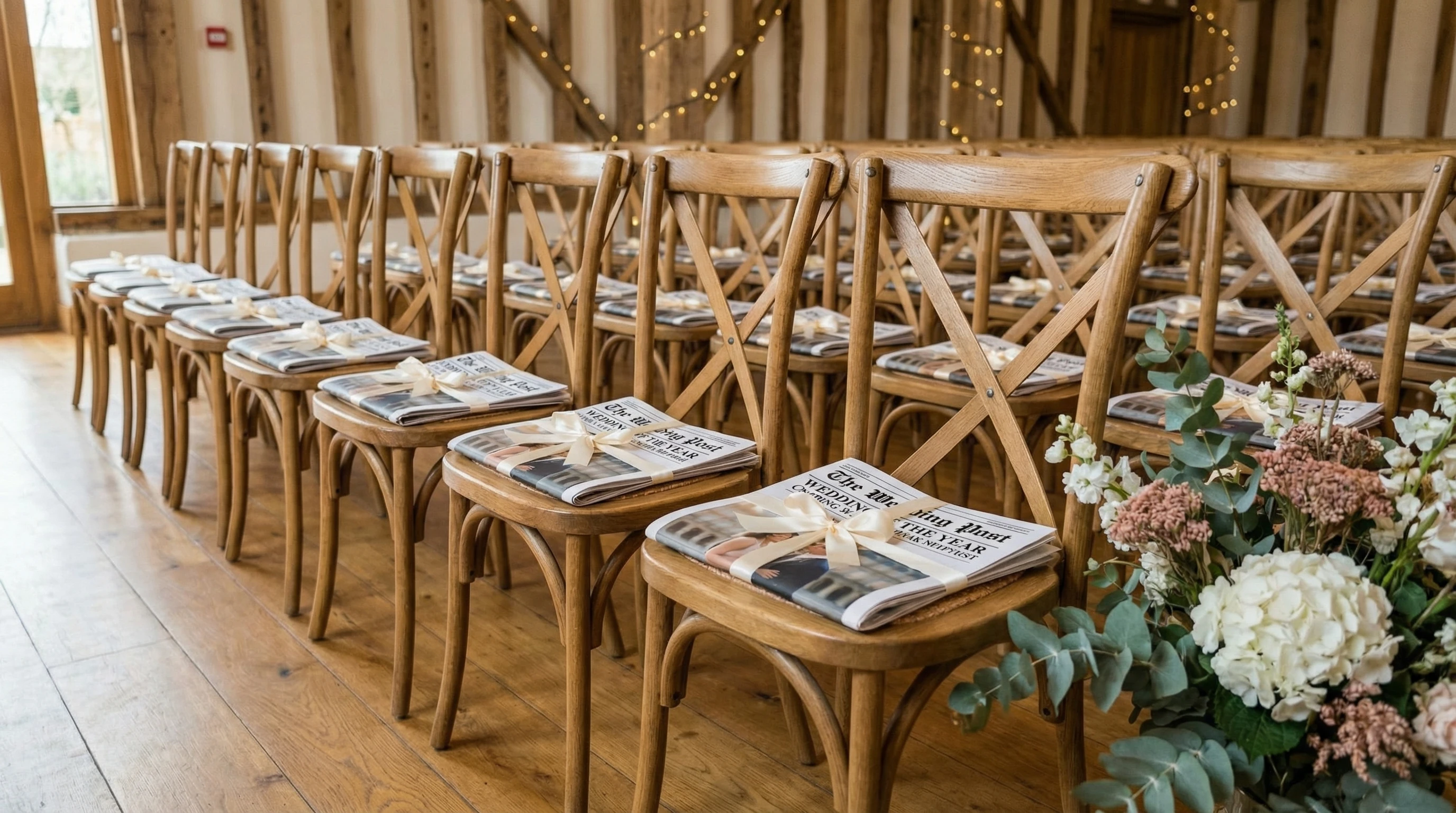 Wedding newspapers tied with ribbon on chairs in a barn ready for the ceremony
